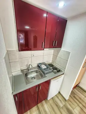 a small kitchen with a sink and red cabinets at Vila Aleksandra 2 Studio 3 in Soko Banja