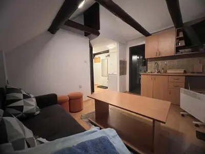 a living room with a couch and a kitchen at Centar kop in Kopaonik