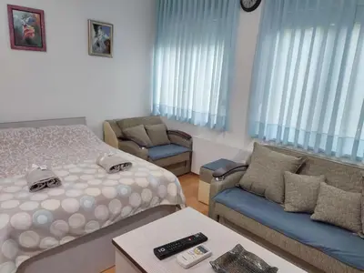 a hotel room with two beds and a couch at Smeštaj Vesna in Soko Banja