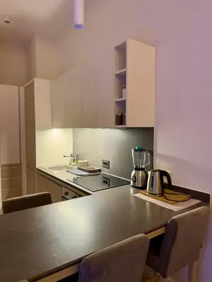 a kitchen with a table with chairs and a counter top at Zepterme Apartman 012 in Vrnjačka Banja
