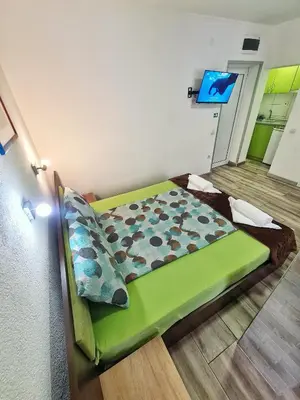 a small bedroom with a green bed in a room at Vila Aleksandra 2 Studio 8 in Soko Banja