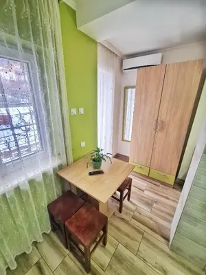 a dining room with a wooden table and a window at Vila Aleksandra 2 Studio 8 in Soko Banja