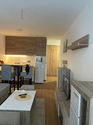 a kitchen and living room with a table and a couch at Apartment Treska Kop in Kopaonik