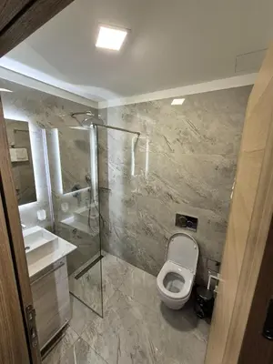 a bathroom with a toilet and a shower and a sink at Fine apartments Nis in Niš