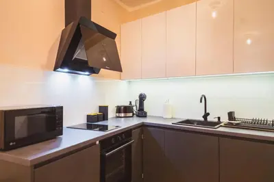 a kitchen with a microwave and a stove top oven at Luka's apartment in Pirot