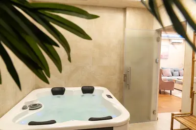 a bath tub in a living room with a plant at In lux spa apartman 2 in Vrnjačka Banja
