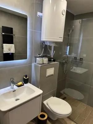 a bathroom with a sink and a toilet and a mirror at Coco Kop studio in Kopaonik