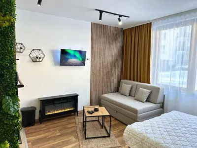 a living room with a bed and a fireplace at Coco Kop studio in Kopaonik