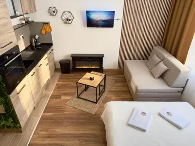 a small living room with a couch and a table at Coco Kop studio in Kopaonik