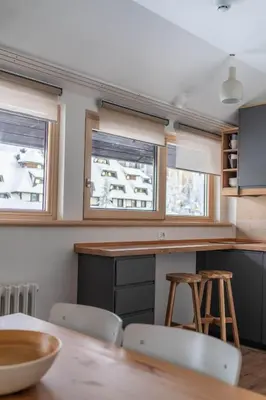 a kitchen with a table and chairs and two windows at Konaci Brvenik Suites in Kopaonik