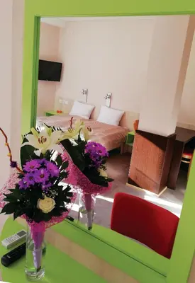a bedroom with a bed and flowers in a mirror at Apartments Mavesa in Vrnjačka Banja