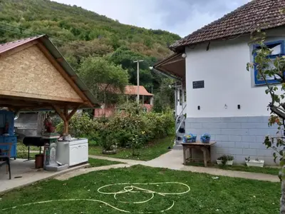 a yard with a stove and a house at Seosko turisticko domacinstvo Milanovic in Žuč