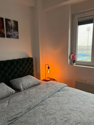 a bedroom with a bed and a window at Apartman Vića in Jagodina