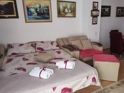 a living room with a bed and a couch at Smeštaj Galerija in Soko Banja