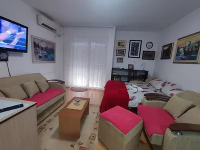 a living room with couches and a flat screen tv at Smeštaj Galerija in Soko Banja