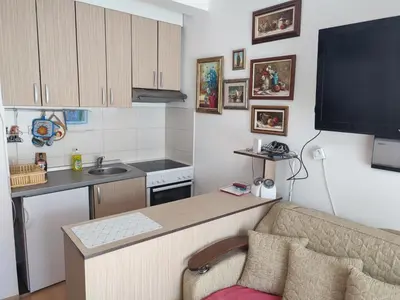 a living room with a couch and a kitchen at Smeštaj Galerija in Soko Banja