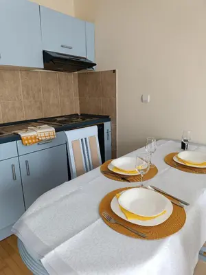 a kitchen with a table with plates and wine glasses at Apartman Fazan in Vrnjačka Banja