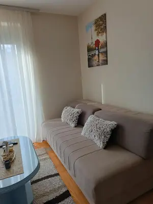 a living room with a brown couch and a table at Apartman Fazan in Vrnjačka Banja
