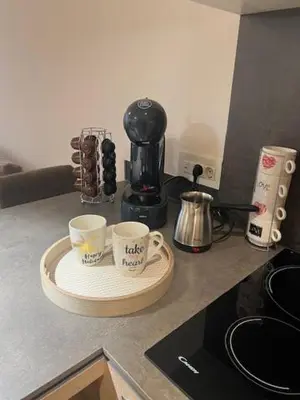 a kitchen counter with two coffee cups on a plate at Zepterme lux in Vrnjačka Banja