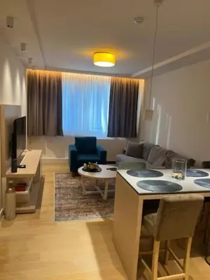 a living room with a kitchen and a living room with a couch at Zepterme lux in Vrnjačka Banja