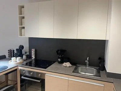 a kitchen with a sink and a counter top at Zepterme lux in Vrnjačka Banja