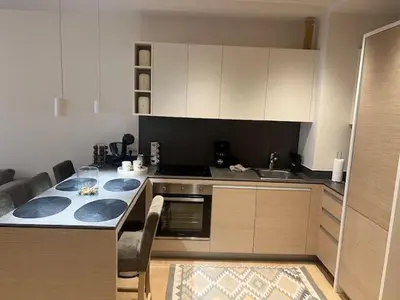 a kitchen with a table with chairs and a sink at Zepterme lux in Vrnjačka Banja