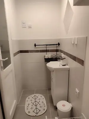 a white bathroom with a toilet and a sink at Studio Sanja in Niš
