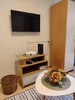 a living room with a table and a tv at Studio Sanja in Niš
