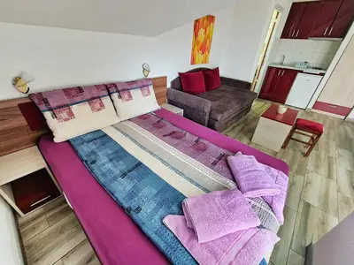 a large bed in a living room with a couch at Vila Aleksandra 2 Studio 14 in Soko Banja