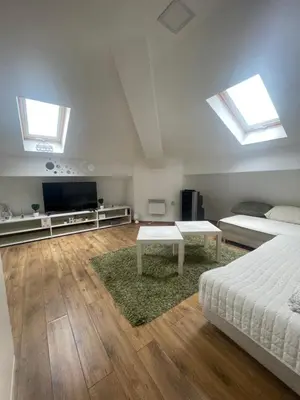 a bedroom with two beds and a tv and skylights at Apartman Sinđelić lux in Pirot