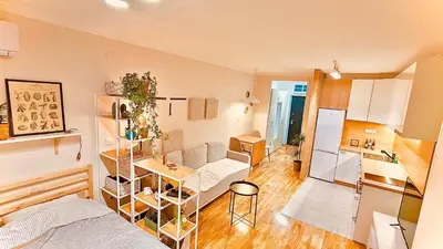 a living room with a bed and a kitchen at Studio 4 in Pirot