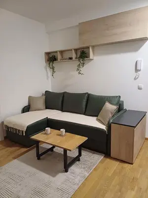 a living room with a green couch and a coffee table at Forest River Sokobanja in Soko Banja