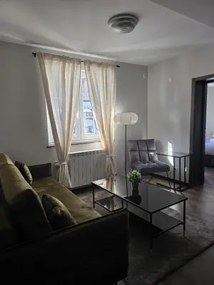 a living room with a couch and a table at Weg City Apartmani in Brzeće