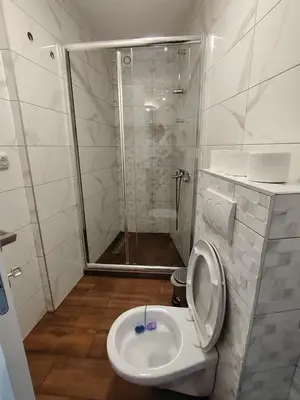 a bathroom with a shower and a toilet with a toilet seat at Apartman Peca in Vrnjci