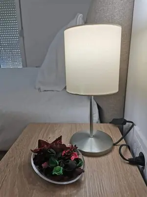 a table with a lamp and a plate of food on it at Apartmani Vila Dragana Vrnjačka Banja in Vrnjci