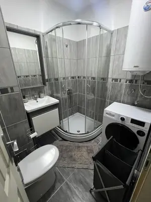 a bathroom with a shower and a toilet and a sink at Central Duplex Apartment in Zaječar