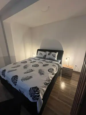 a bedroom with a bed with a black and white comforter at Central Duplex Apartment in Zaječar