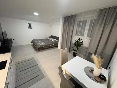 a living room with a table and a bed at Fenix Apartman III in Zaječar