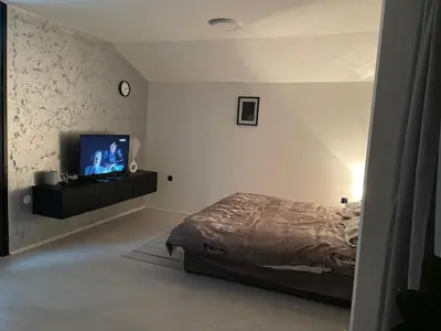a bedroom with a bed and a flat screen tv at Fenix Apartman III in Zaječar