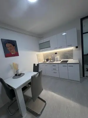 a white kitchen with a white table and chairs at Fenix Apartman III in Zaječar