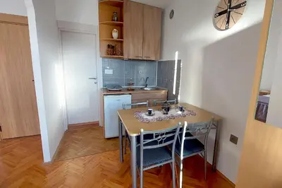 a kitchen with a table and chairs in a room at Apartmani HARMONIJA - Sokobanja in Soko Banja