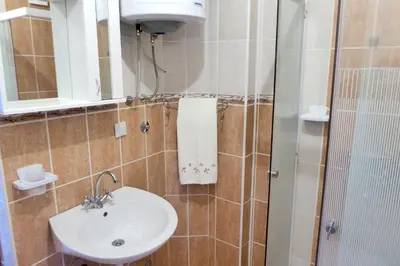 a bathroom with a sink and a shower at Apartmani HARMONIJA - Sokobanja in Soko Banja
