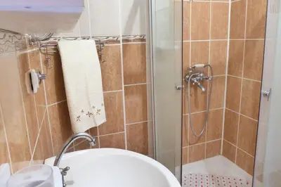 a bathroom with a shower with a sink and a toilet at Apartmani HARMONIJA - Sokobanja in Soko Banja