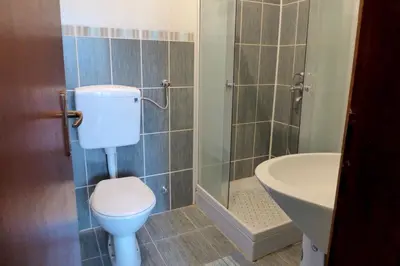 a bathroom with a toilet and a sink and a shower at Apartmani HARMONIJA - Sokobanja in Soko Banja