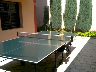 a ping pong table with a tennis ball on it at Apartmani HARMONIJA - Sokobanja in Soko Banja