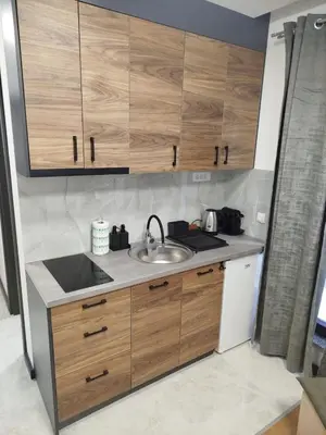 a kitchen with a sink and wooden cabinets at Bella Winterhouse Kopaonik in Kopaonik