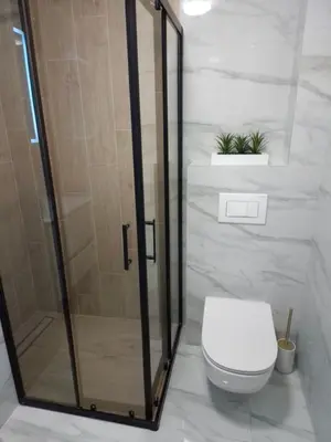 a bathroom with a toilet and a glass shower at ANDREAS lux apartman in Niš