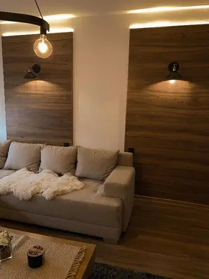a living room with a couch and a wooden wall at Bagi Apartmani in Raška