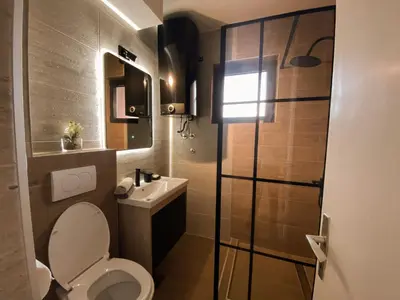 a bathroom with a toilet and a sink and a shower at Bagi Apartmani in Raška