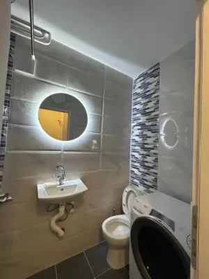 a bathroom with a sink and a toilet and a mirror at Stan na dan in Niš